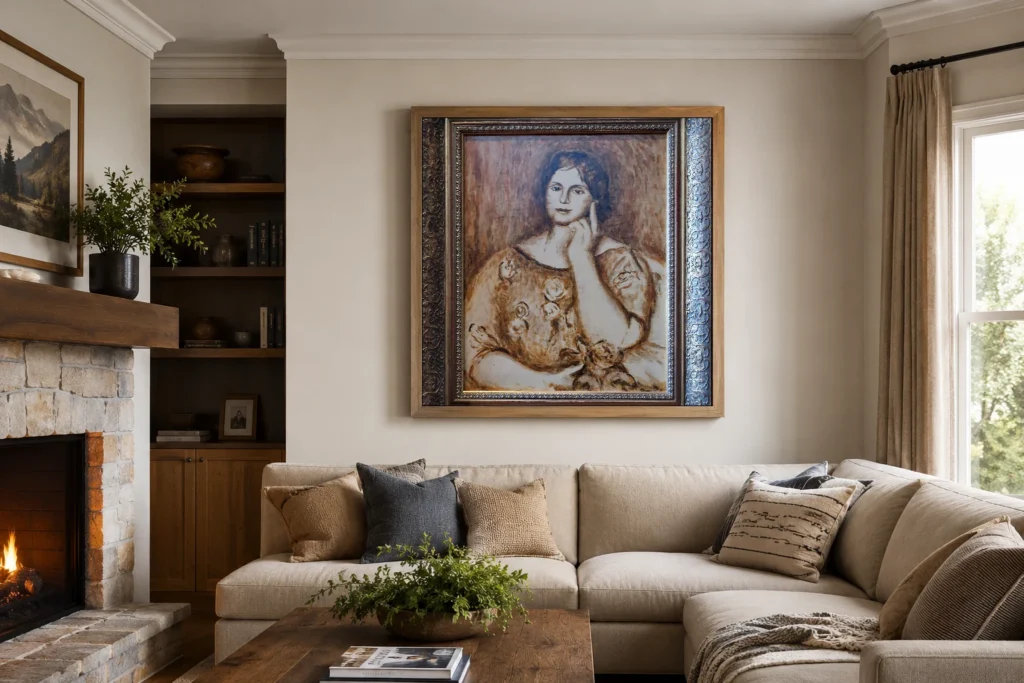 Framed print of Portrait Gertrud Osthaus hanging on a wall in a furnished room