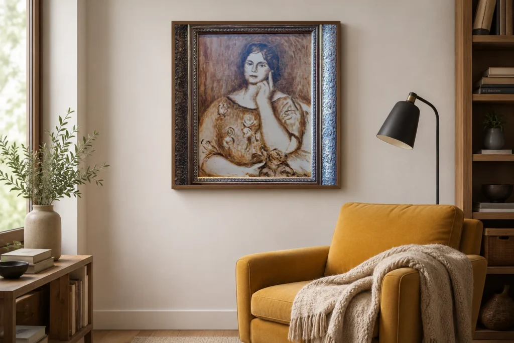 Framed print of Portrait Gertrud Osthaus hanging on a wall in a furnished room