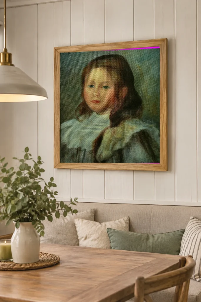 Framed print of Portrait of a Child hanging on a wall in a furnished room