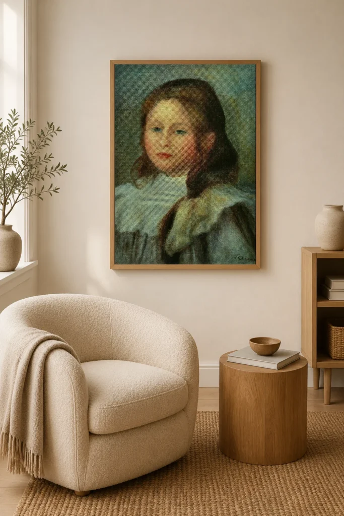 Framed print of Portrait of a Child hanging on a wall in a furnished room