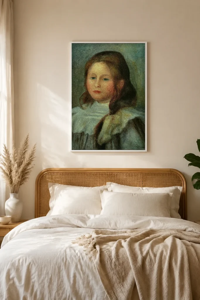 Framed print of Portrait of a Child hanging on a wall in a furnished room