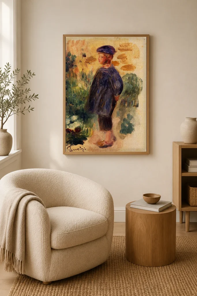 Framed print of Portrait of a Boy in a Beret hanging on a wall in a furnished room