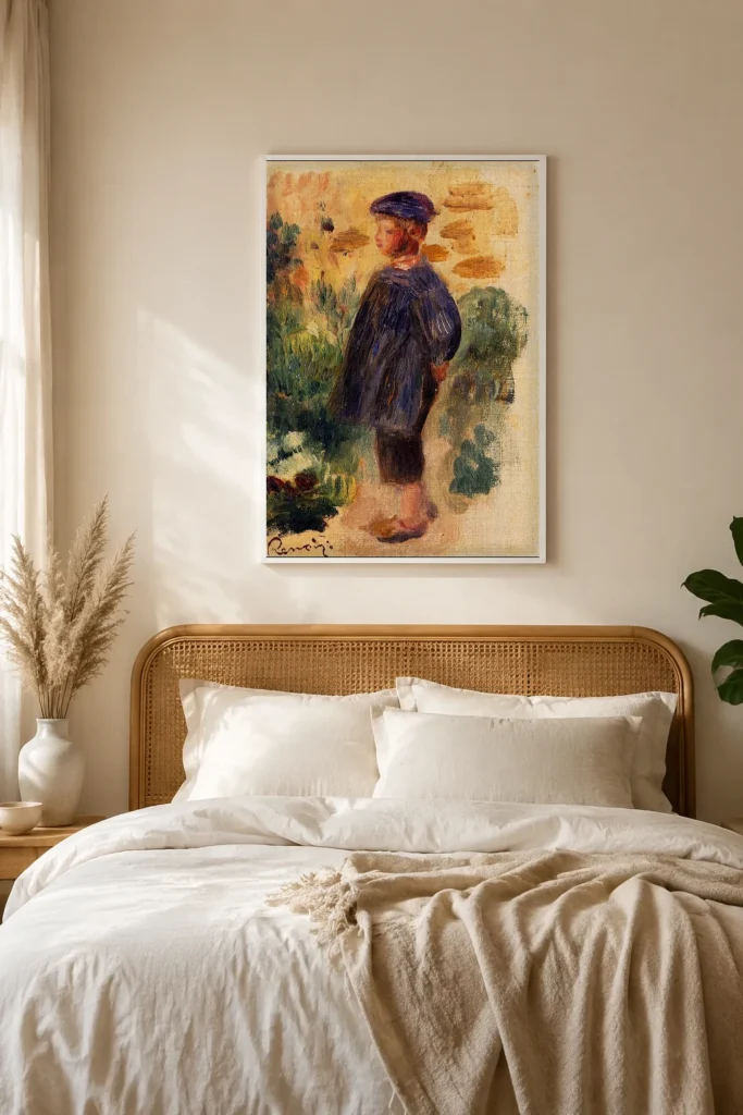 Framed print of Portrait of a Boy in a Beret hanging on a wall in a furnished room