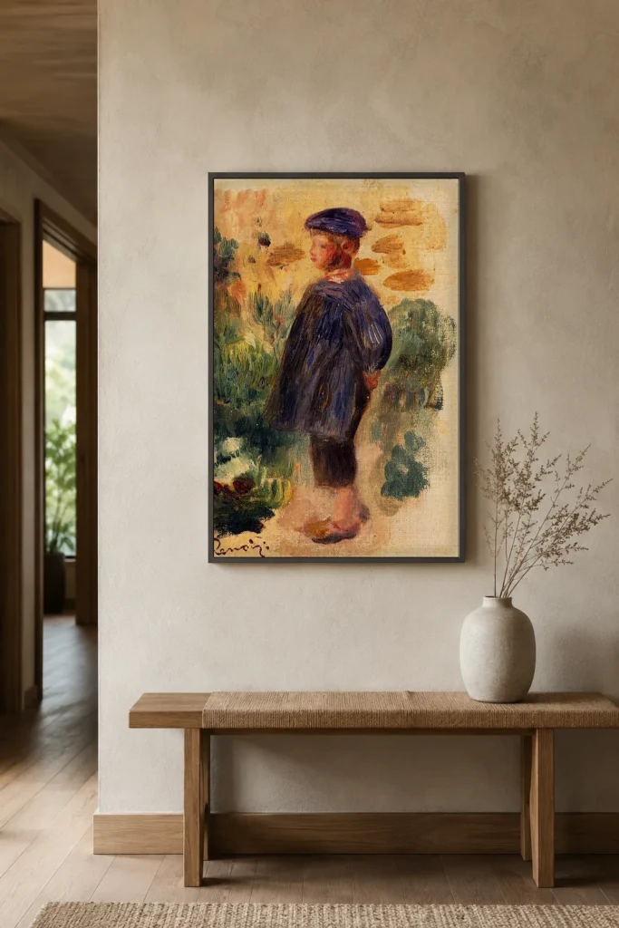 Framed print of Portrait of a Boy in a Beret hanging on a wall in a furnished room