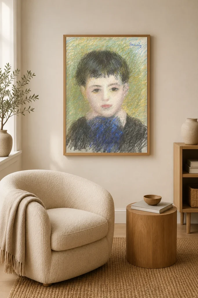 Framed print of Portrait of a Young Boy hanging on a wall in a furnished room