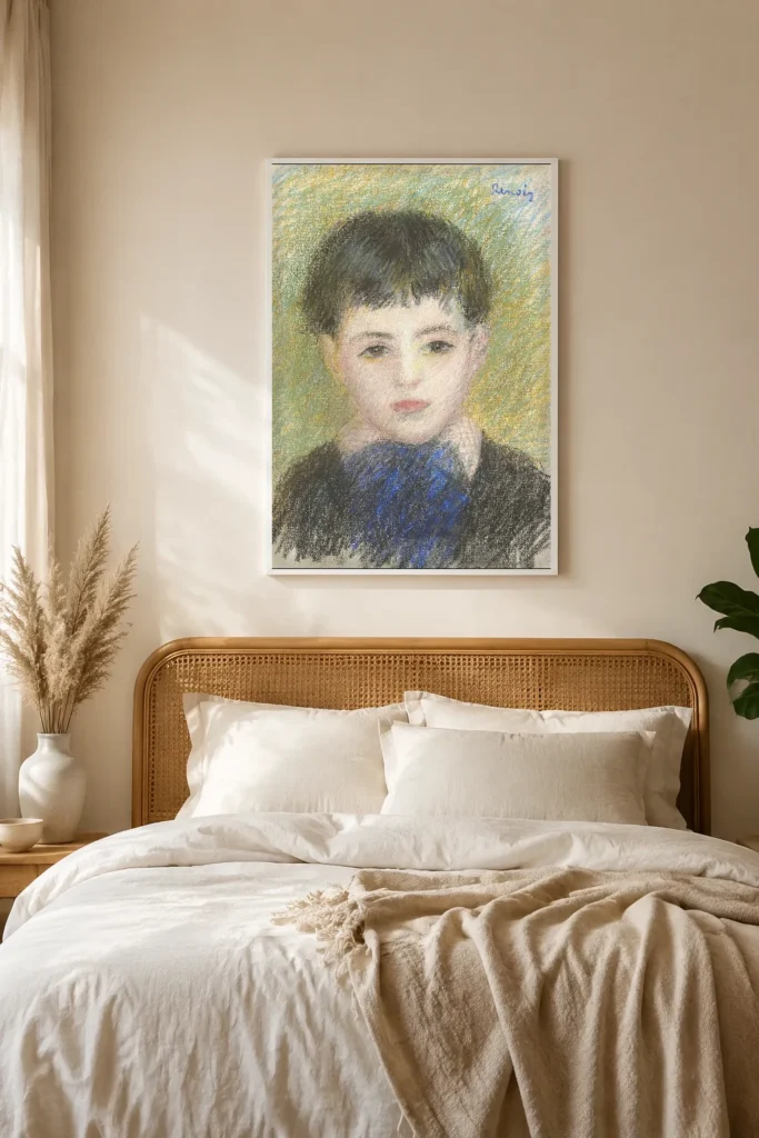 Framed print of Portrait of a Young Boy hanging on a wall in a furnished room