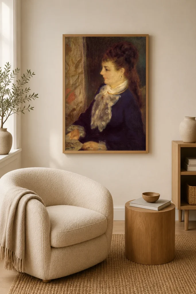 Framed print of Portrait of an Anonymous Model hanging on a wall in a furnished room