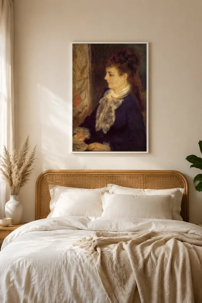 Framed print of Portrait of an Anonymous Model hanging on a wall in a furnished room