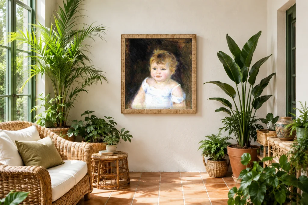 Framed print of Portrait of an Infant hanging on a wall in a furnished room