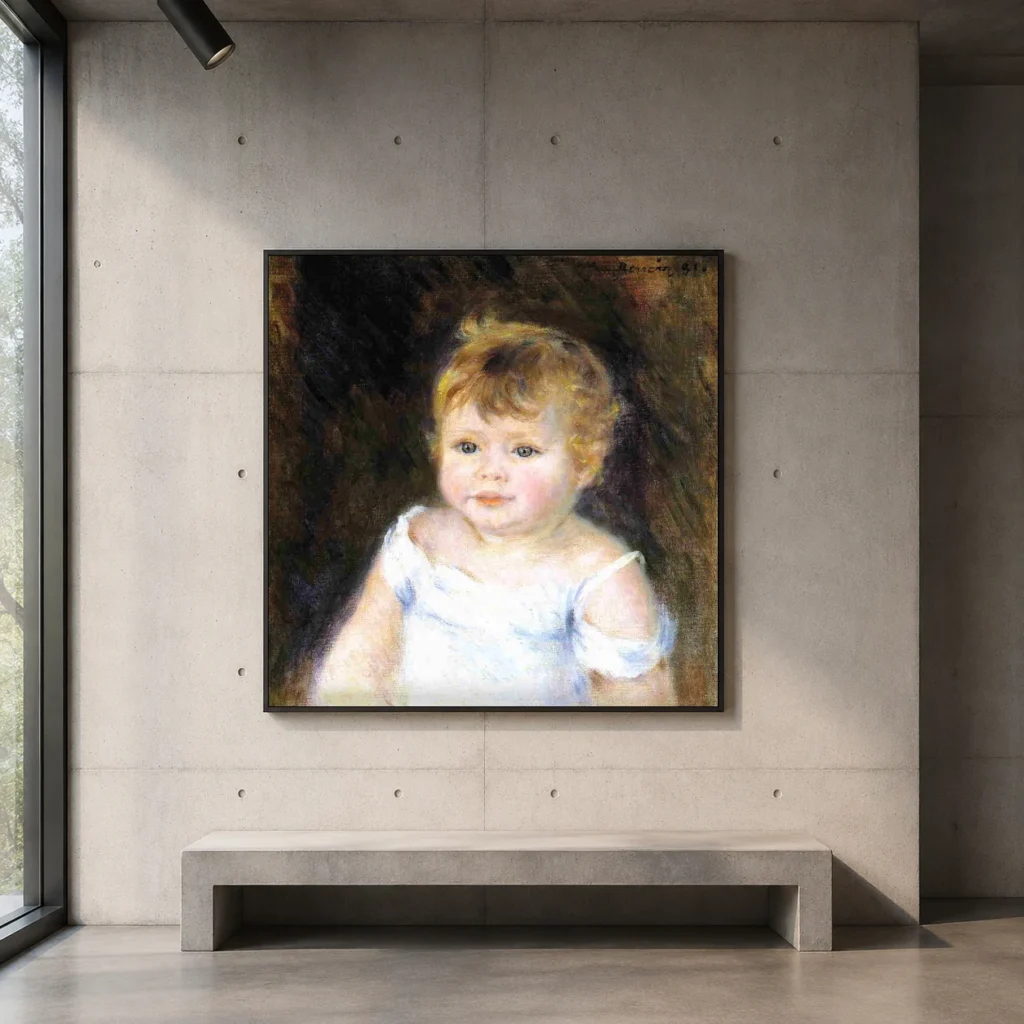 Framed print of Portrait of an Infant hanging on a wall in a furnished room