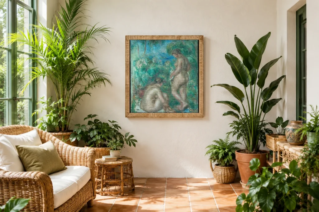 Framed print of Badende kvinner hanging on a wall in a furnished room