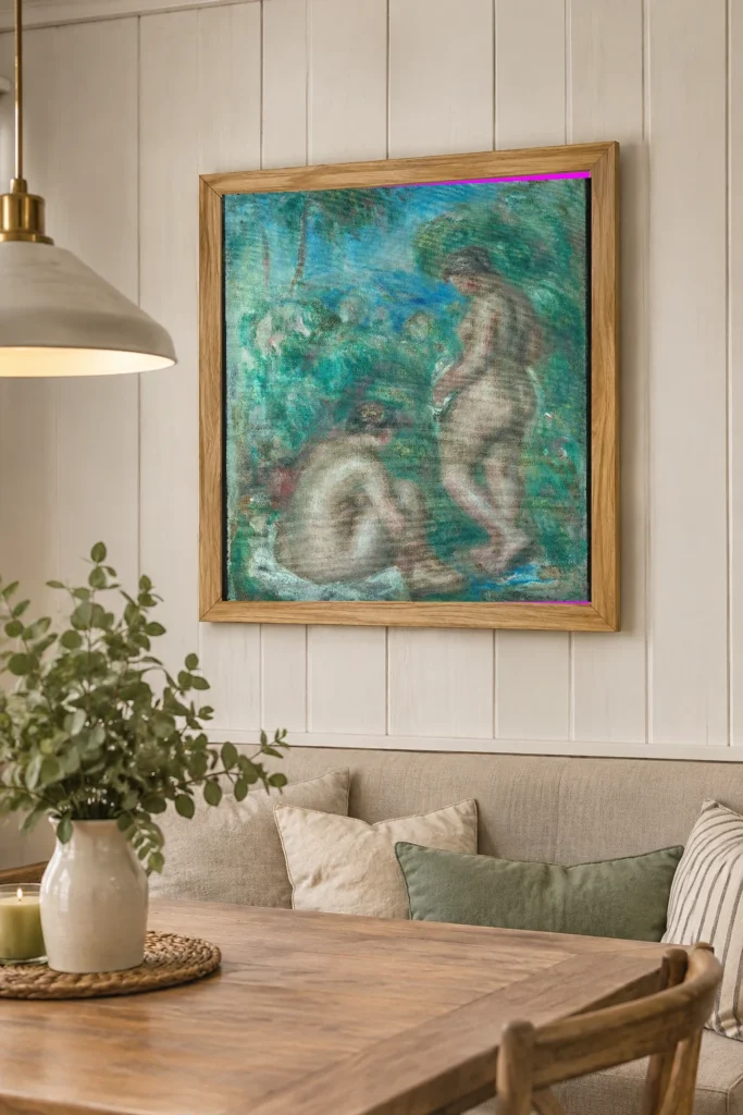 Framed print of Badende kvinner hanging on a wall in a furnished room