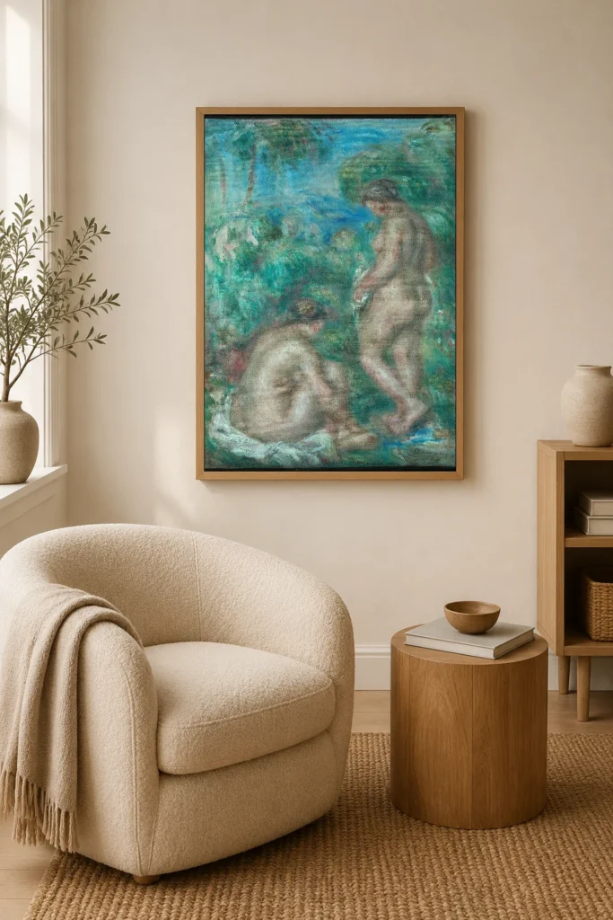 Framed print of Badende kvinner hanging on a wall in a furnished room