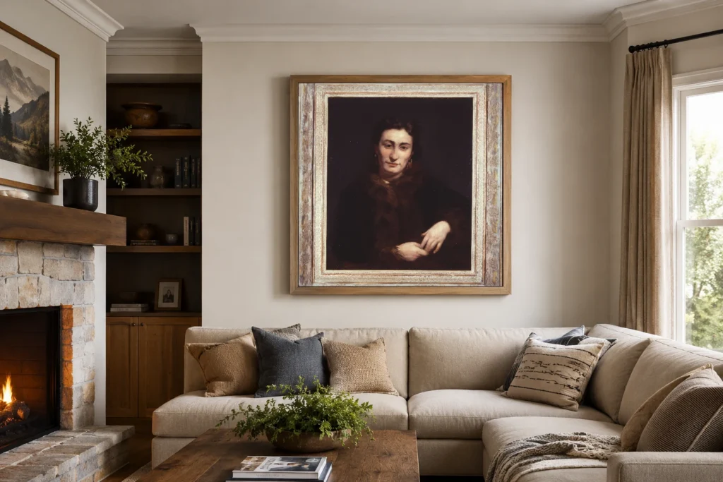 Framed print of Portrait of a Woman in Fur hanging on a wall in a furnished room