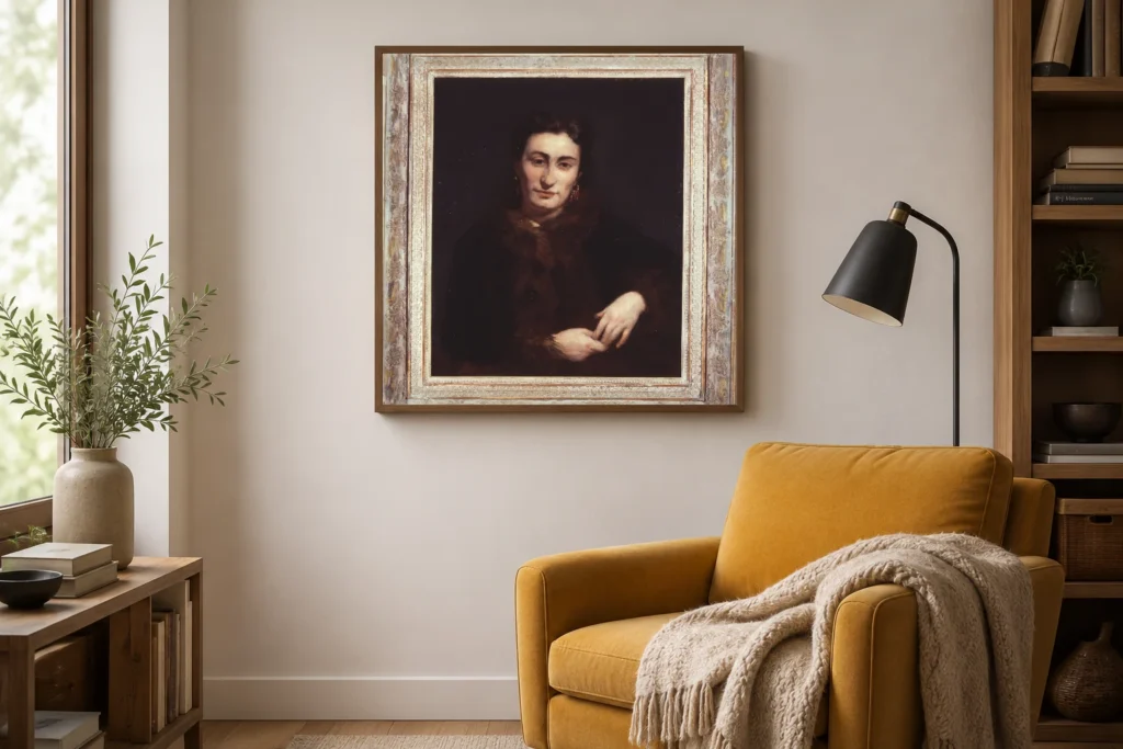 Framed print of Portrait of a Woman in Fur hanging on a wall in a furnished room