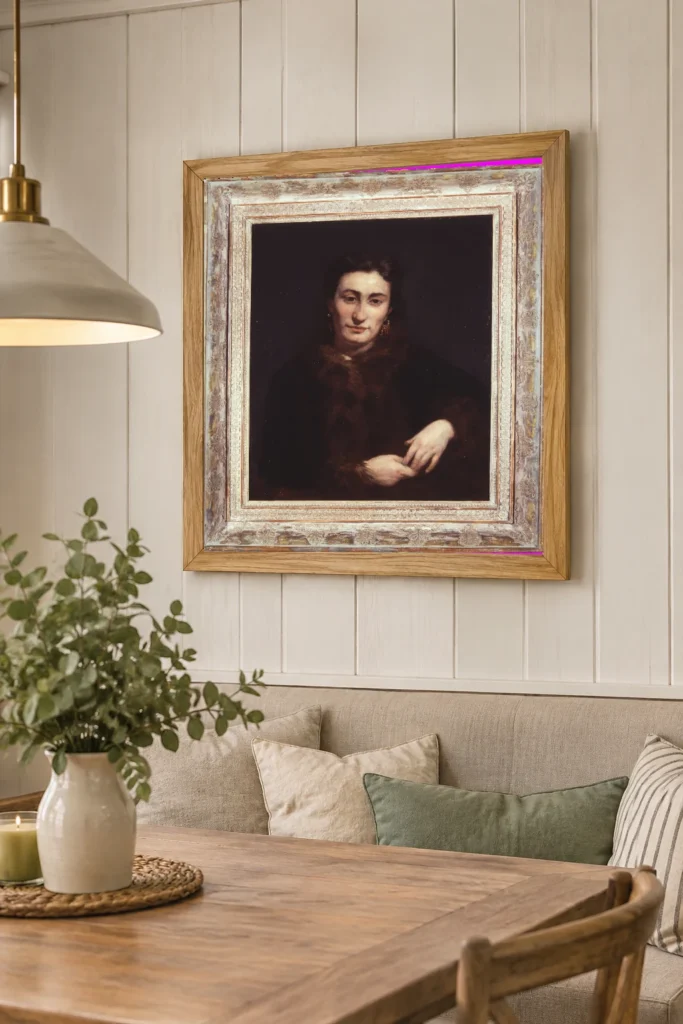 Framed print of Portrait of a Woman in Fur hanging on a wall in a furnished room