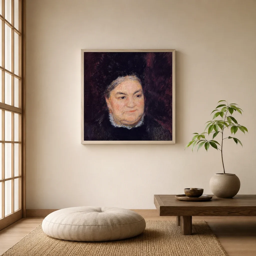 Framed print of Portrait d’une femme âgée (Mme Le Cœur) hanging on a wall in a furnished room