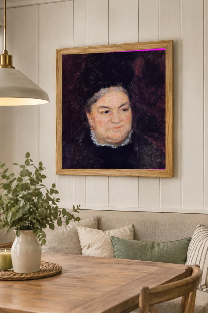 Framed print of Portrait d’une femme âgée (Mme Le Cœur) hanging on a wall in a furnished room