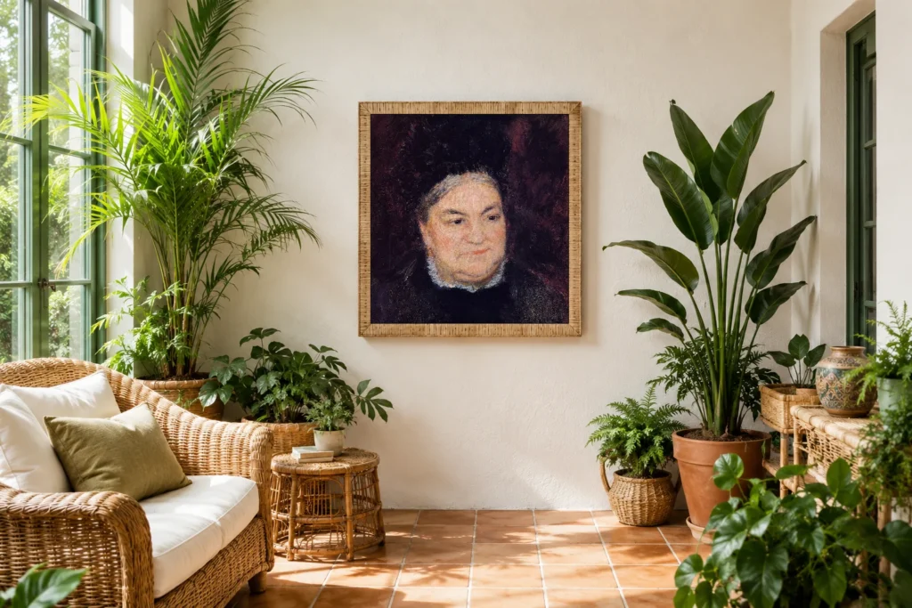 Framed print of Portrait d’une femme âgée (Mme Le Cœur) hanging on a wall in a furnished room