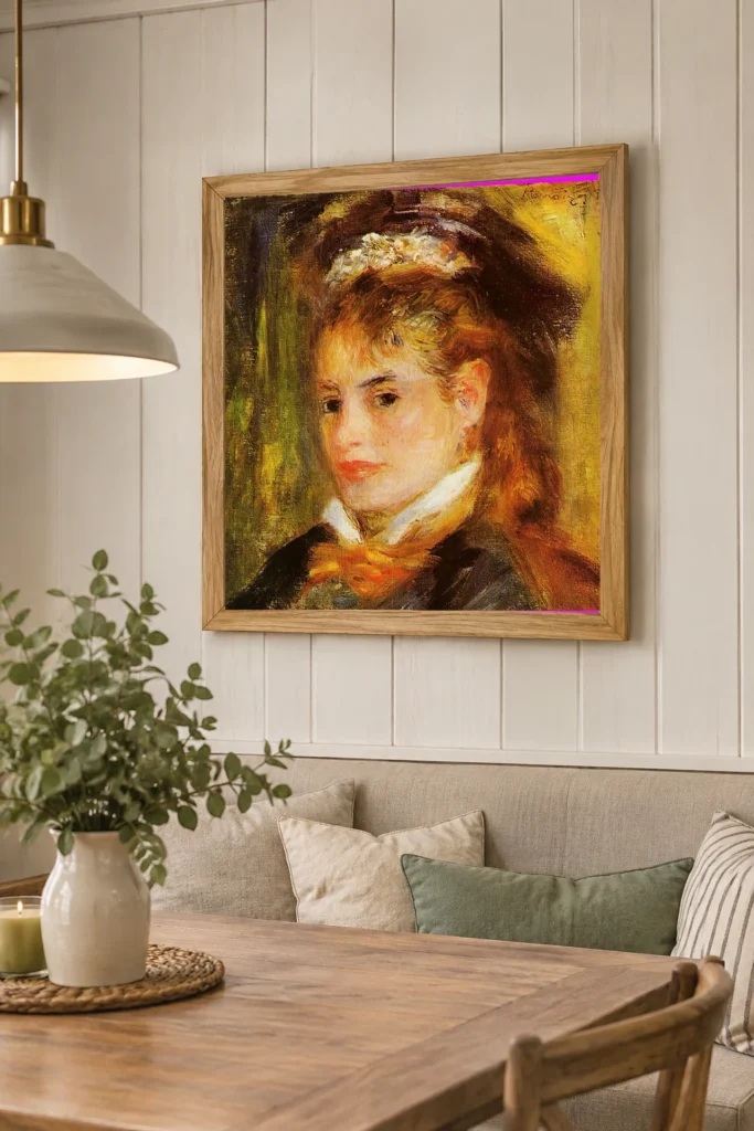 Framed print of Portrait of a Young Woman with a Red Bow hanging on a wall in a furnished room