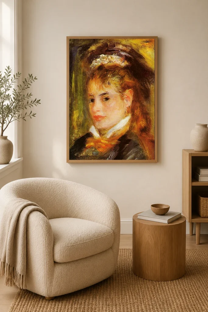 Framed print of Portrait of a Young Woman with a Red Bow hanging on a wall in a furnished room