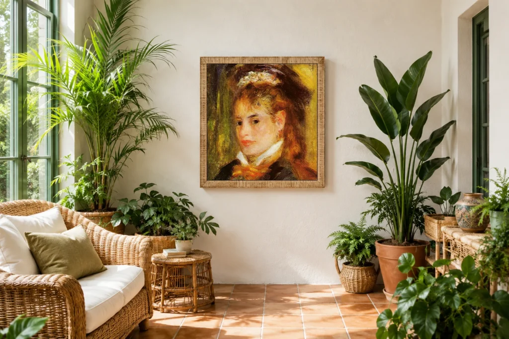 Framed print of Portrait of a Young Woman with a Red Bow hanging on a wall in a furnished room