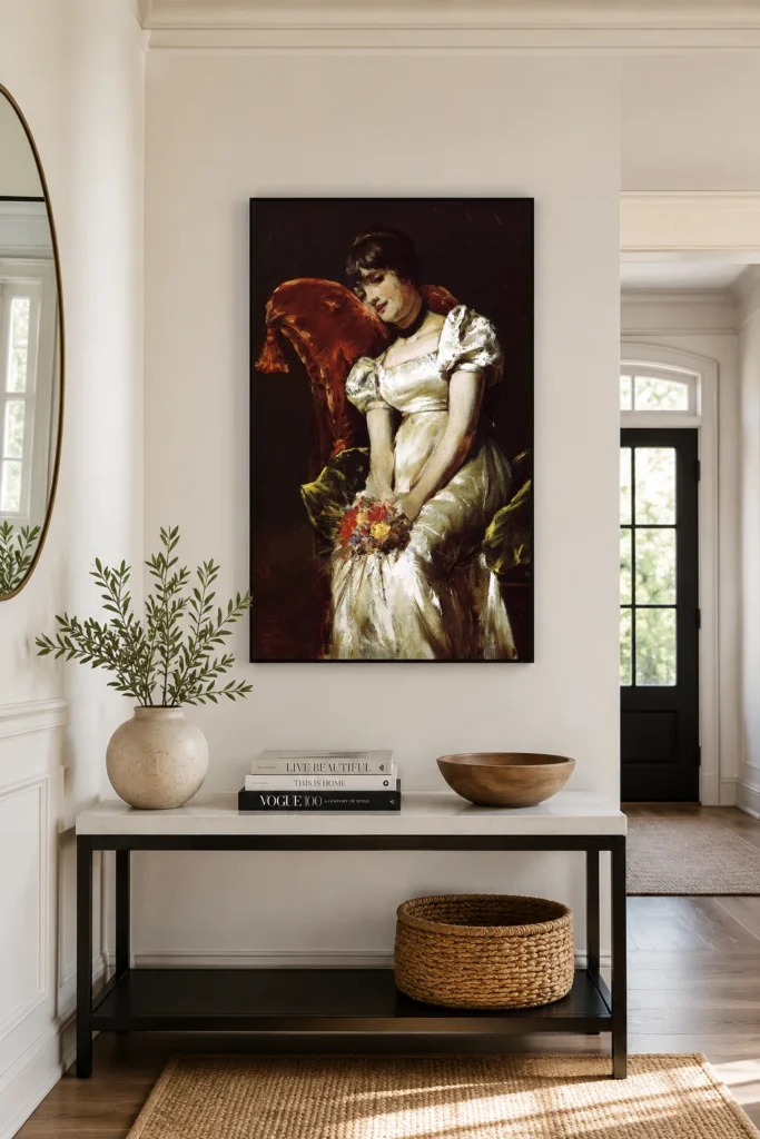 Framed print of Portrait of a Seated Young Girl Holding a Bouquet hanging on a wall in a furnished room