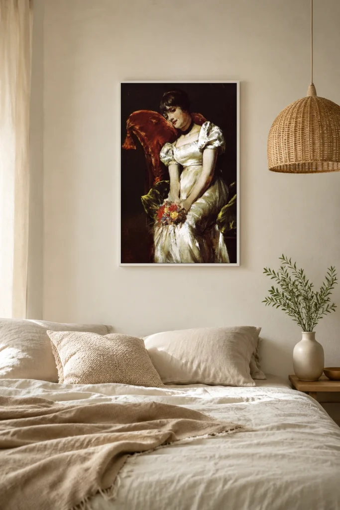Framed print of Portrait of a Seated Young Girl Holding a Bouquet hanging on a wall in a furnished room