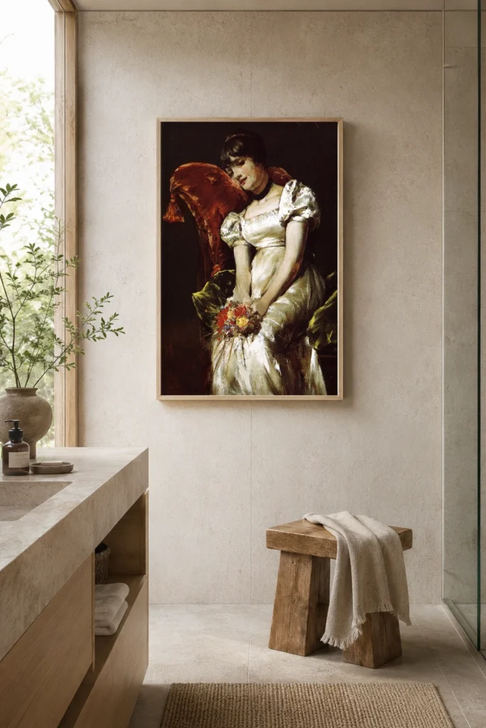 Framed print of Portrait of a Seated Young Girl Holding a Bouquet hanging on a wall in a furnished room
