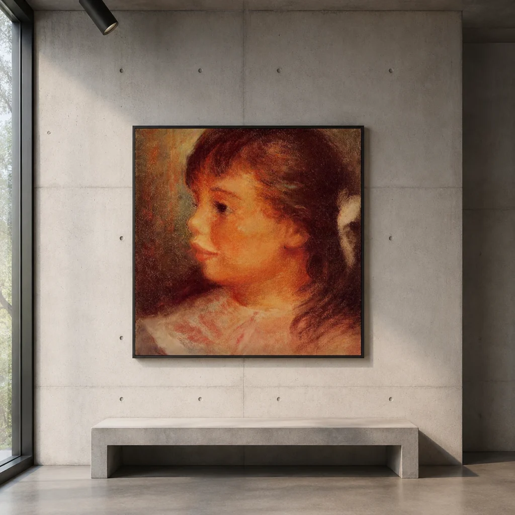 Framed print of Portrait of a Young Girl in Profile with a White Bow hanging on a wall in a furnished room