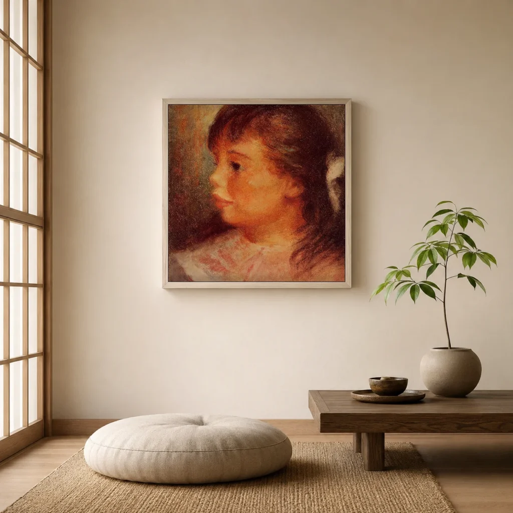 Framed print of Portrait of a Young Girl in Profile with a White Bow hanging on a wall in a furnished room