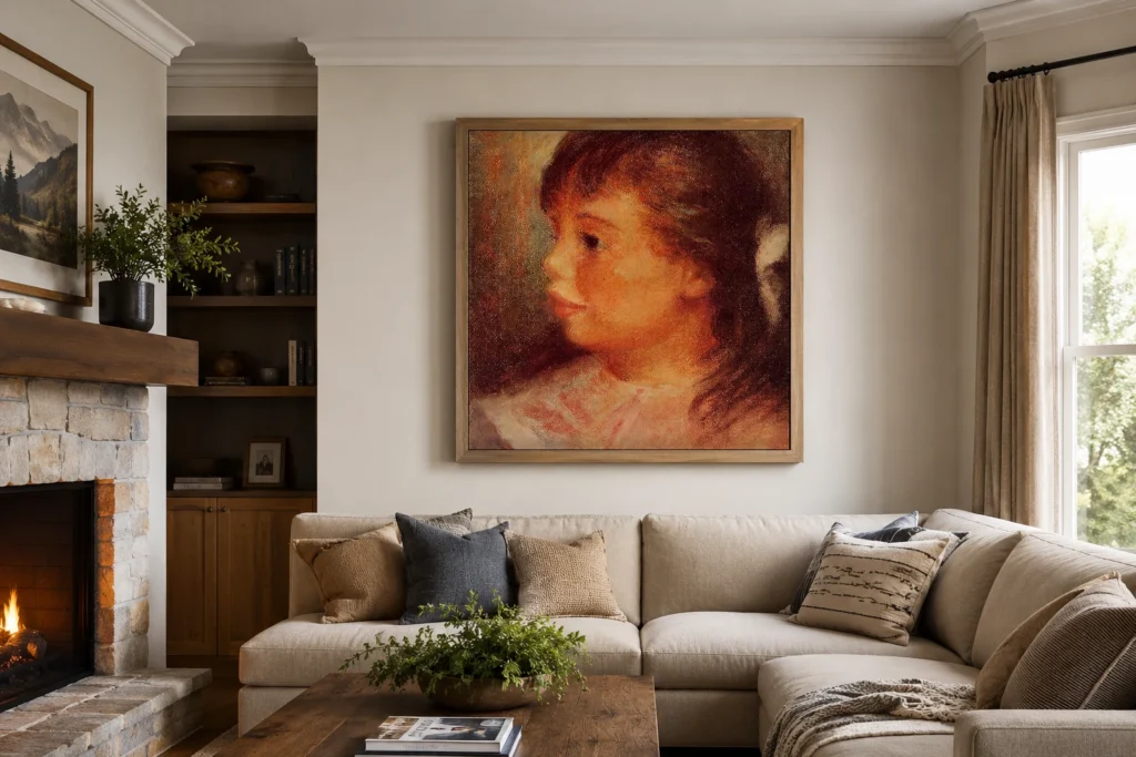 Framed print of Portrait of a Young Girl in Profile with a White Bow hanging on a wall in a furnished room