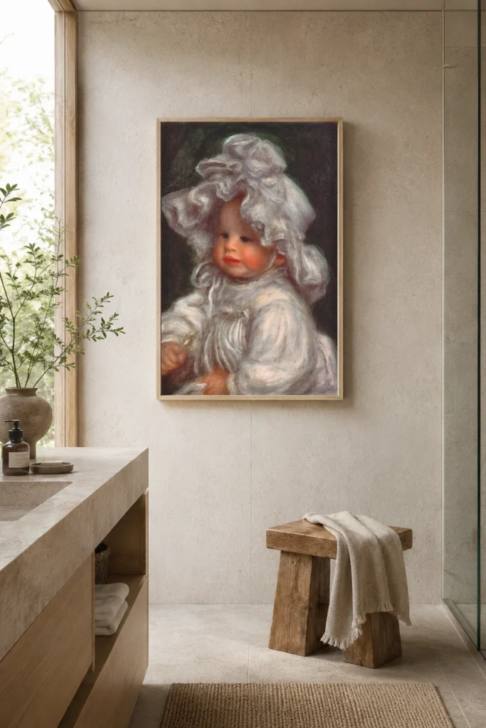 Framed print of Portrait of Claude Dressed in White hanging on a wall in a furnished room