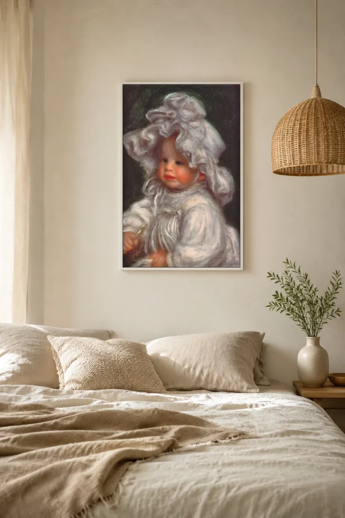Framed print of Portrait of Claude Dressed in White hanging on a wall in a furnished room