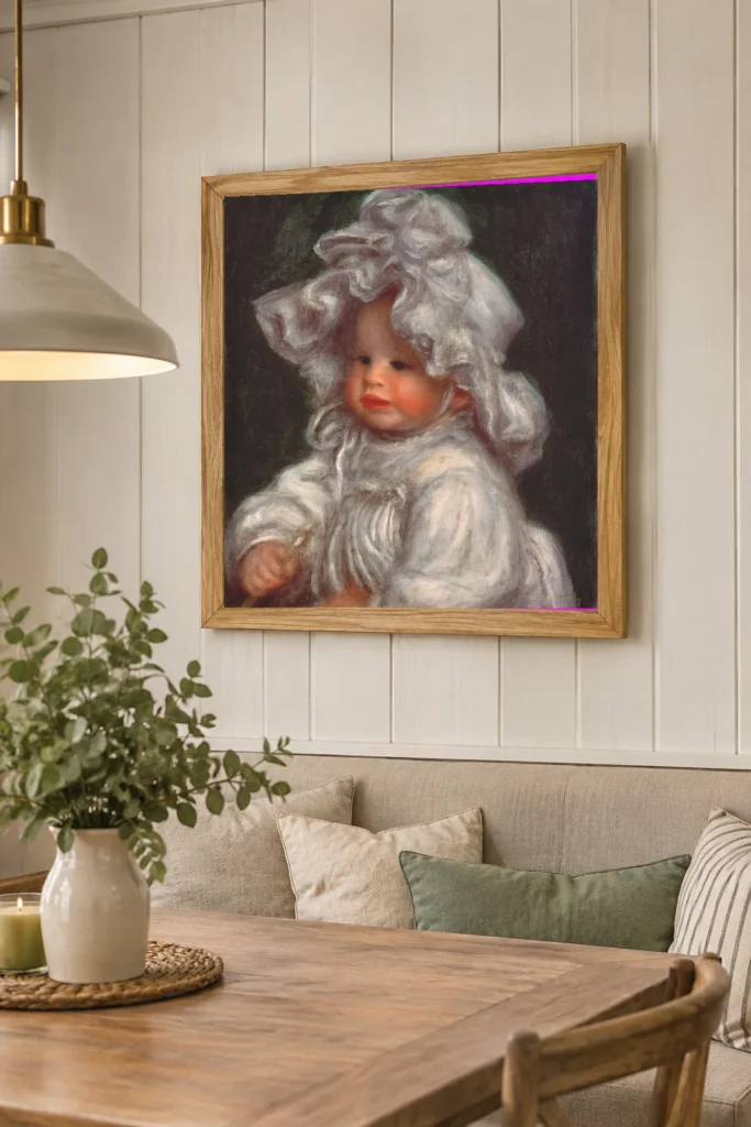 Framed print of Portrait of Claude Dressed in White hanging on a wall in a furnished room