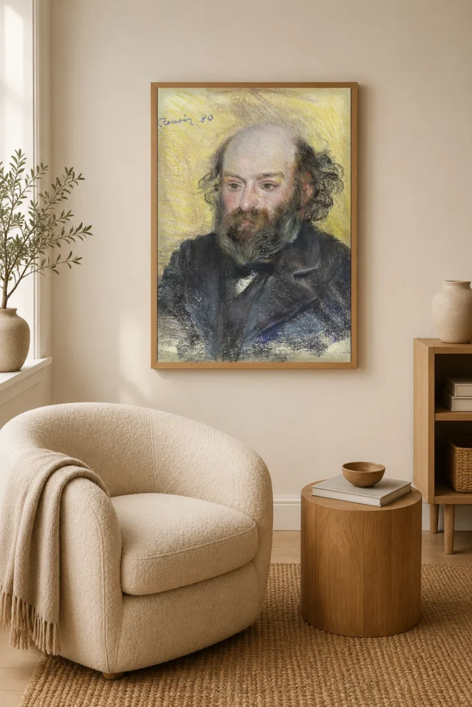 Framed print of Portrait de Cézanne hanging on a wall in a furnished room