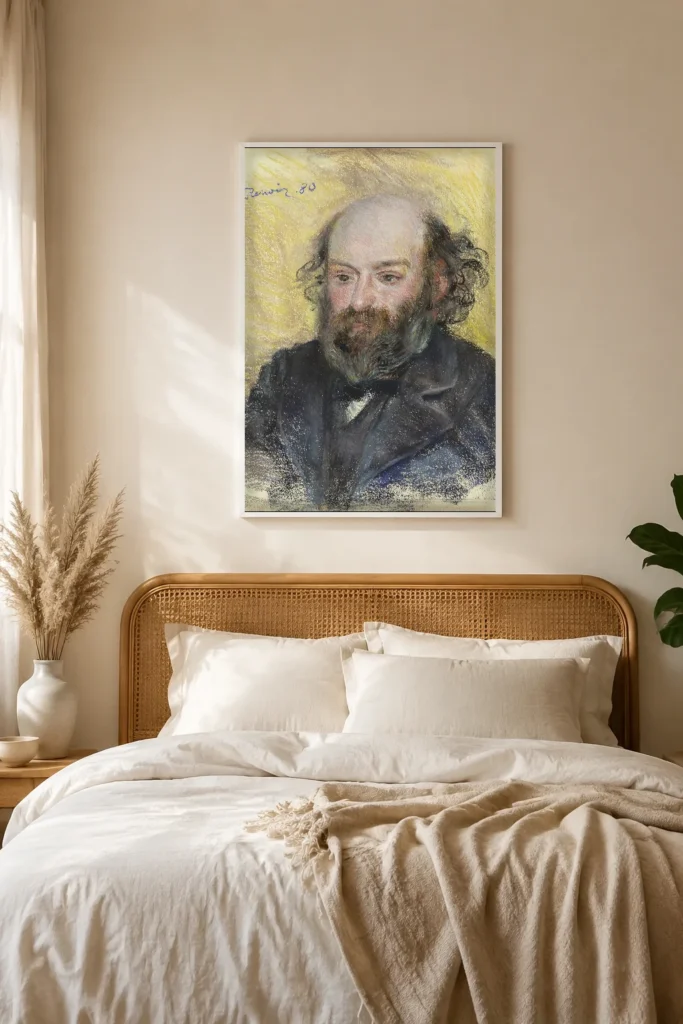 Framed print of Portrait de Cézanne hanging on a wall in a furnished room