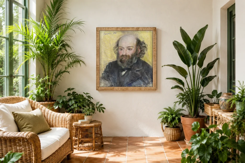 Framed print of Portrait de Cézanne hanging on a wall in a furnished room