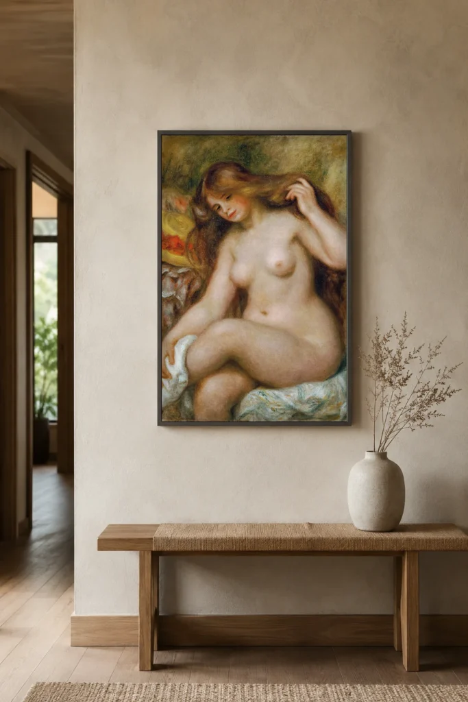 Framed print of Badende mit blondem, offenem Haar hanging on a wall in a furnished room