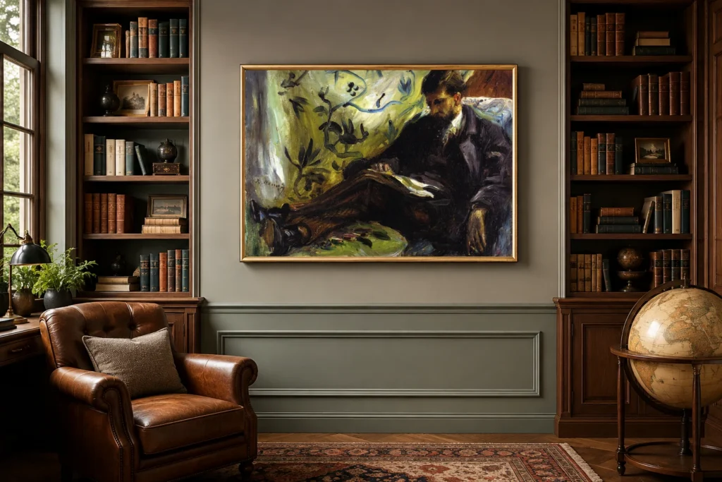 Framed print of Portrait of Edmond Maitre – The Reader hanging on a wall in a furnished room
