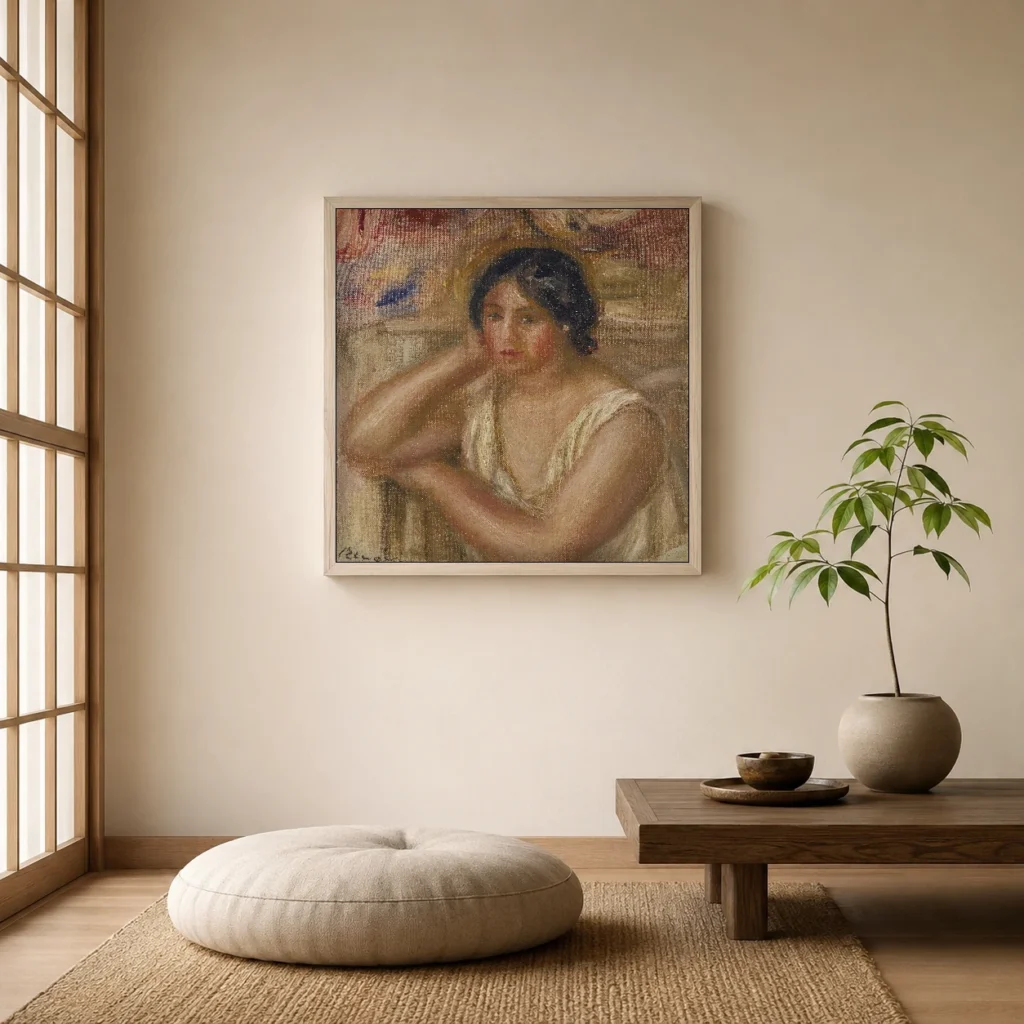 Framed print of Portrait of Gabrielle hanging on a wall in a furnished room