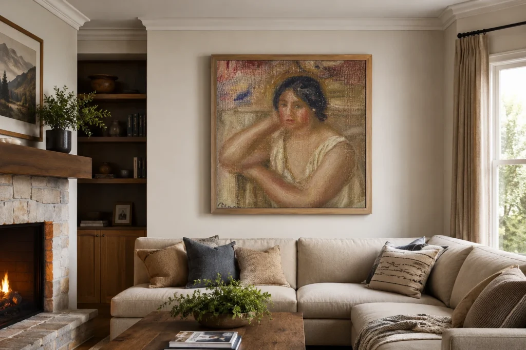 Framed print of Portrait of Gabrielle hanging on a wall in a furnished room