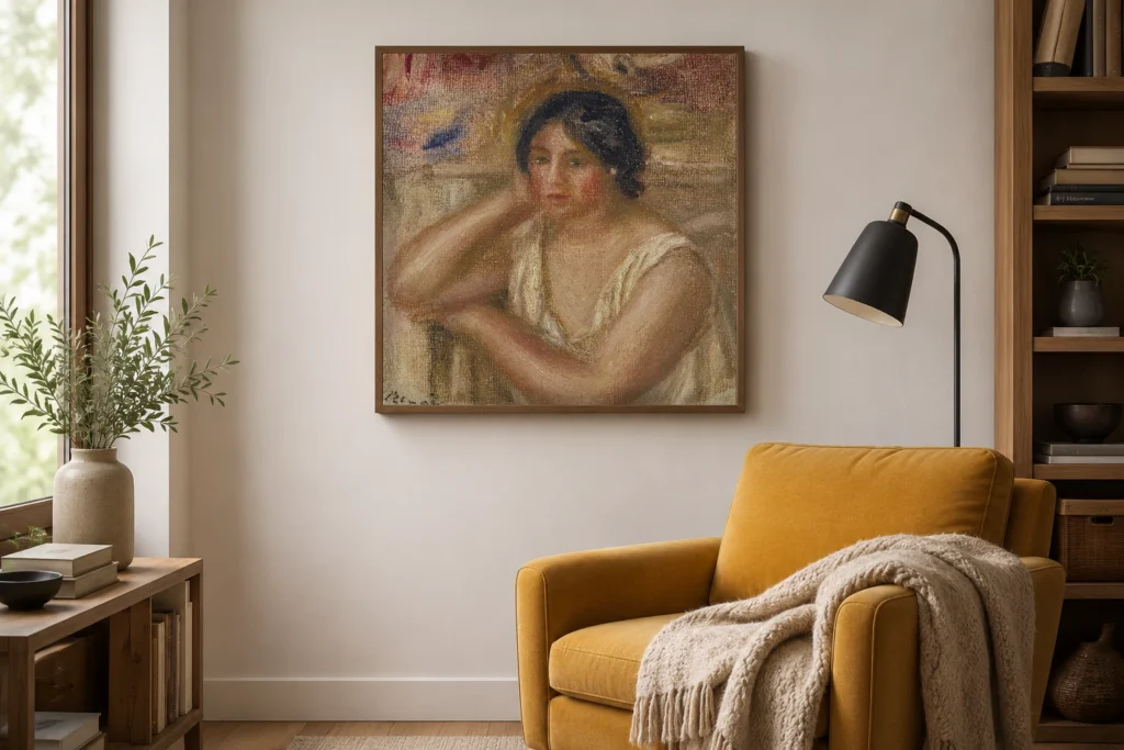 Framed print of Portrait of Gabrielle hanging on a wall in a furnished room