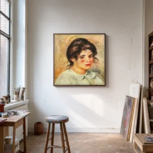 Framed print of Portrait of Gabrielle in a White Blouse hanging on a wall in a furnished room