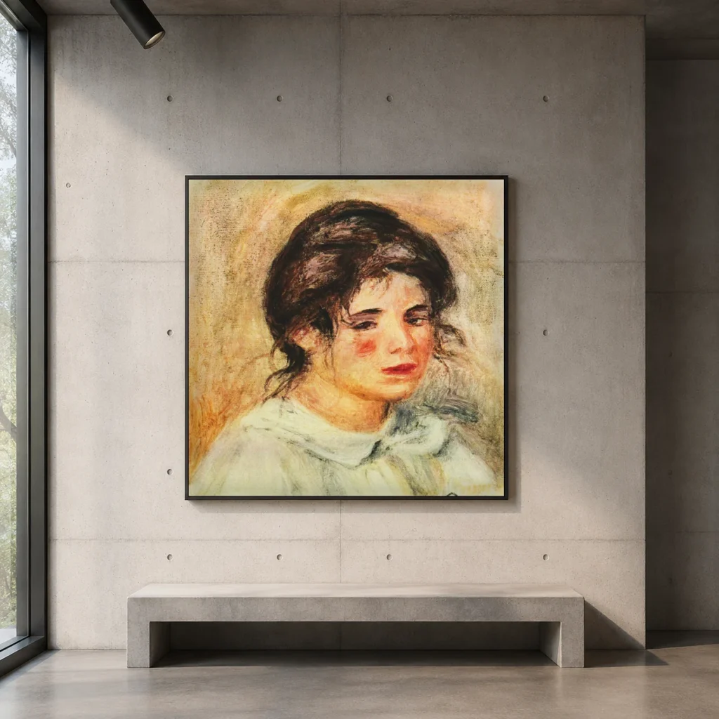 Framed print of Portrait of Gabrielle in a White Blouse hanging on a wall in a furnished room
