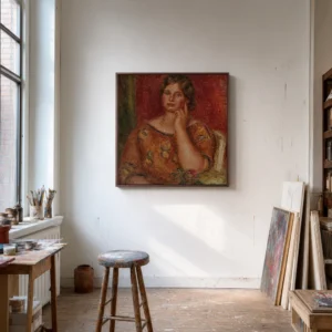 Framed print of Portrait of Gertrude Osthaus hanging on a wall in a furnished room