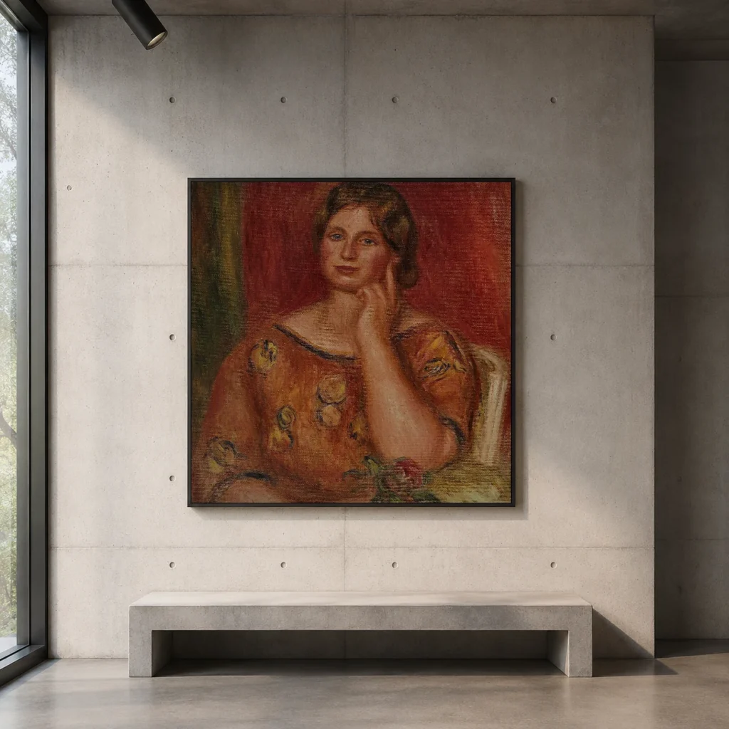 Framed print of Portrait of Gertrude Osthaus hanging on a wall in a furnished room