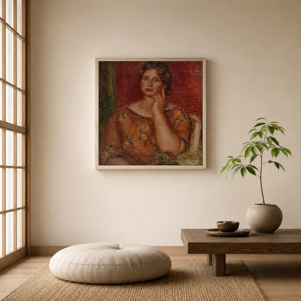 Framed print of Portrait of Gertrude Osthaus hanging on a wall in a furnished room