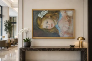 Framed print of Portrait of Jean hanging on a wall in a furnished room