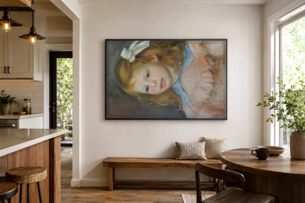 Framed print of Portrait of Jean hanging on a wall in a furnished room